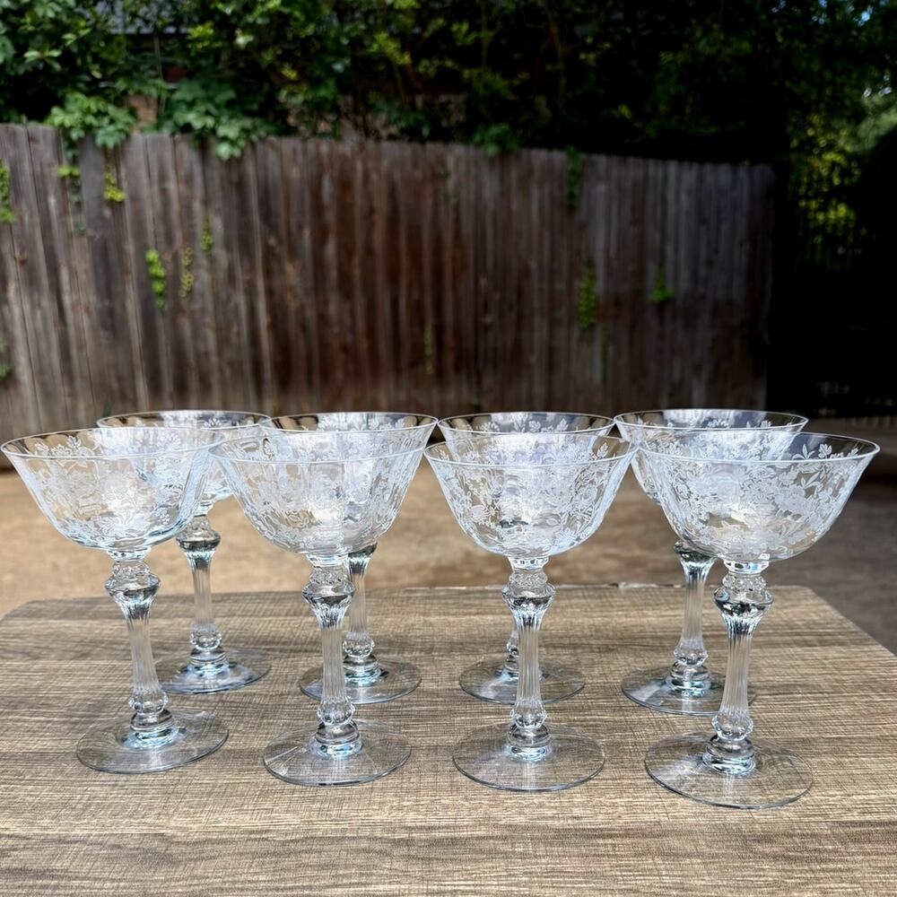Tiffin Franciscan Cherokee Rose Etch 6" Crystal Champagne Sherbet Glass-Set of 8
